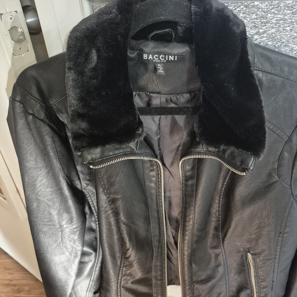 Baccini Women's Black Leather Jacket with Faux Fur Collar